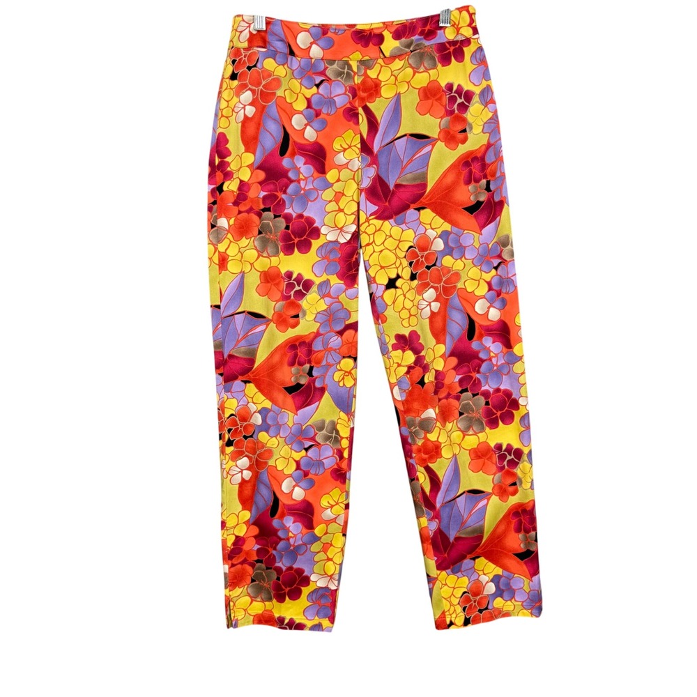 Talbots Pants Womens 8 Yellow Orange Purple Floral Print Cotton Stretch Side Zip